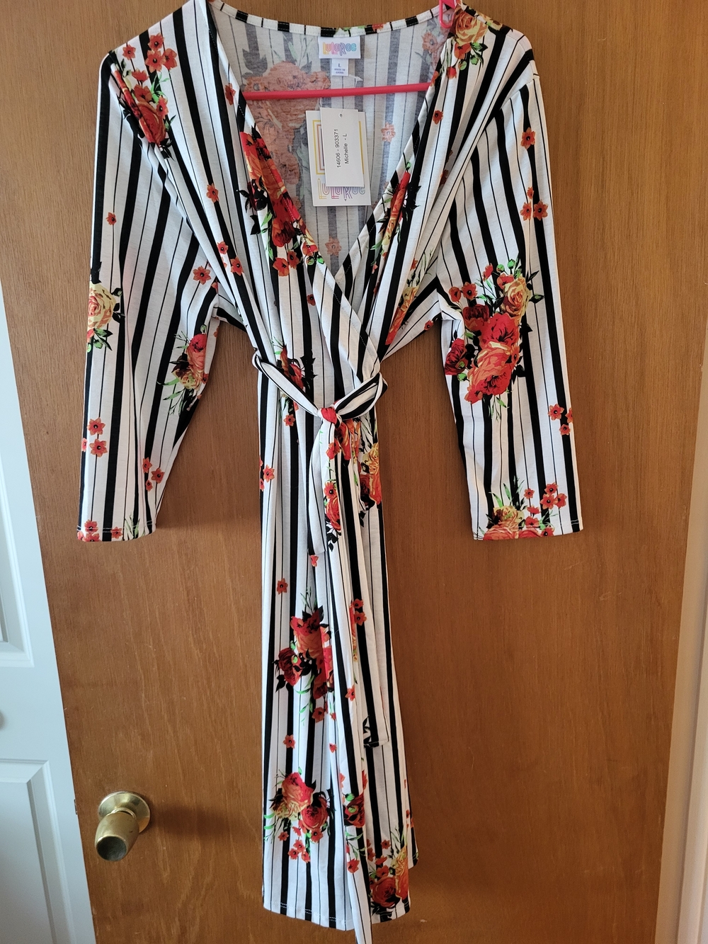 LuLaRoe Michelle Black and White Striped Floral Wrap Dress